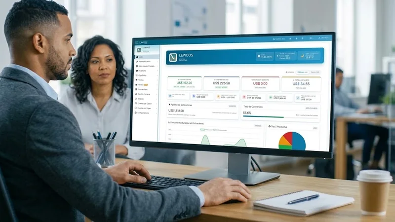 Usuario trabajando con el panel de LEWOOS ERP en su oficina